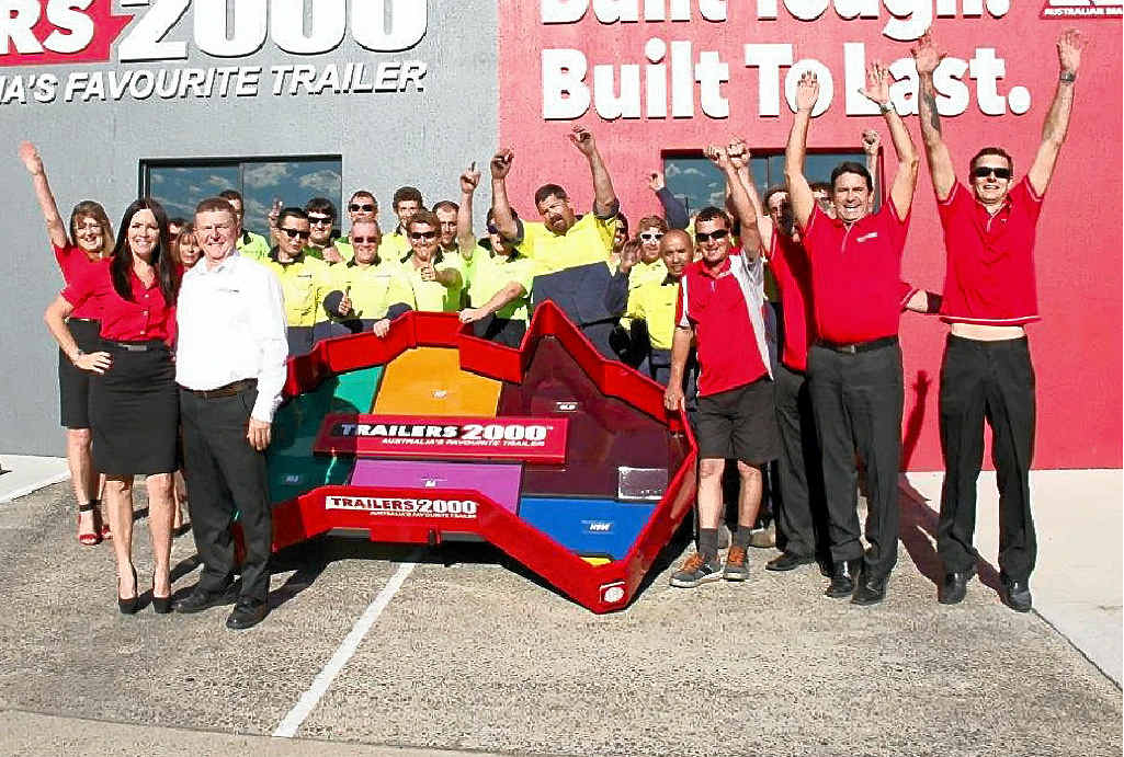 AUSSIE MADE CHALLENGE: The Trailers 2000 team celebrates the completion of the box trailer in the shape of Australia. INSET: Stuart and Jenny Daniels accept the Sunshine Coast Business Awards Enterprise of the Year 2014 award from Mayor Mark Jamieson. AUSSIE MADE CHALLENGE: The Trailers 2000 team celebrates the completion of the box trailer in the shape of Australia. INSET: Stuart and Jenny Daniels accept the Sunshine Coast Business Awards Enterprise of the Year 2014 award from Mayor Mark Jamieson.